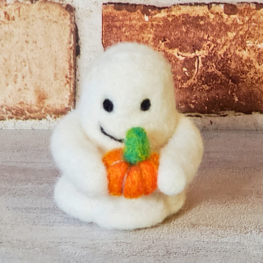 Buster the Pumpkin Ghost – Handmade Needle Felted Halloween Ghost